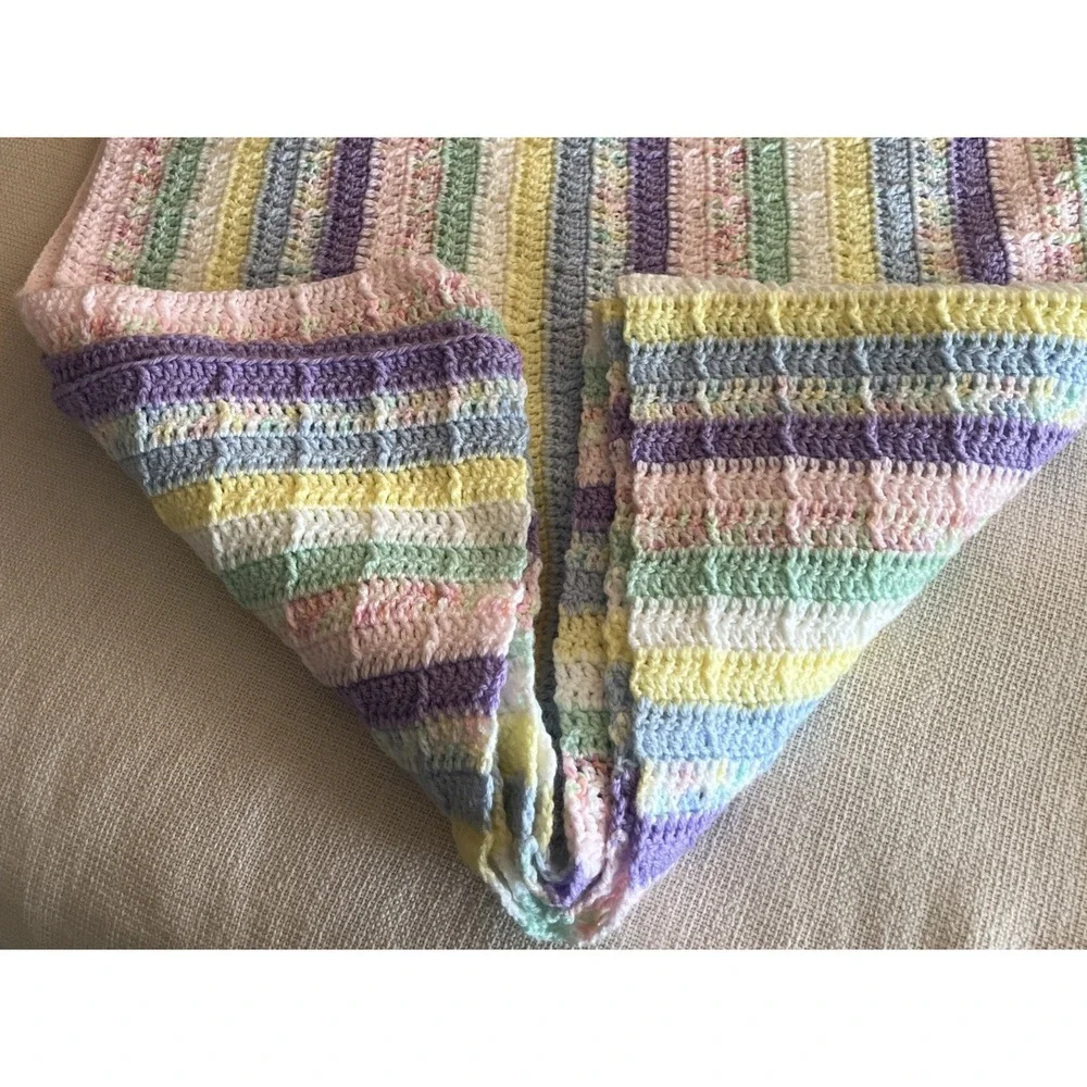 Handmade LG Baby Crochet Blanket Afghan Superwash Rainbow Stripe 50